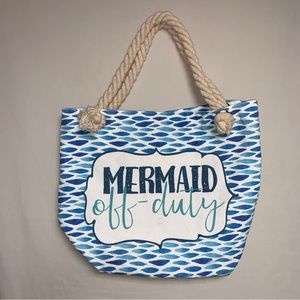 Mermaid Off Duty Beach Tote Bag White Blue Top Handle Summer Pool Shoulder Sun